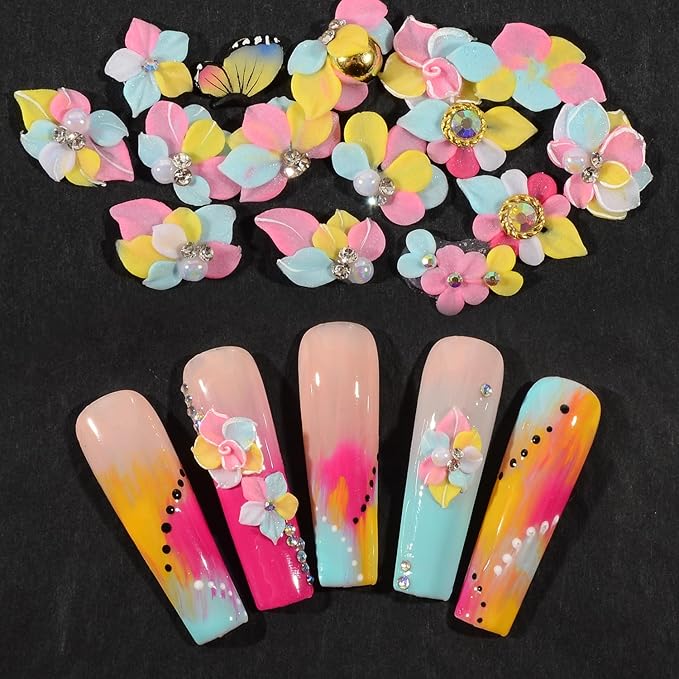 30PCS 3D Handmade Flower Nail Art Charms Advanced Handcrafted Cherry Blossom Flower Colorful Sculpted Floral Nails with Rhinestone Caviar Beads Design for Women Profession Nail Art Craft Jewelry