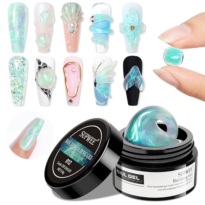 Solid Builder Gel for Nails - Aurora Green 3D Nail Art Non-Stick Hand Hard Gels for Carving Patterns Decoration Nail Extension Gel for Nails Manicure DIY at Home 14g(0.49fl oz)