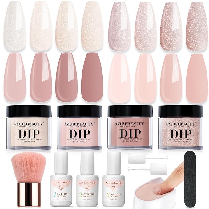 AZUREBEAUTY Dip Powder Nail Kit, 4 Colors Dipping Powder Nude Skin Glitter System Liquid Set Recycling Tray, French Nail Art Base & Top Coat Activator DIY Salon.