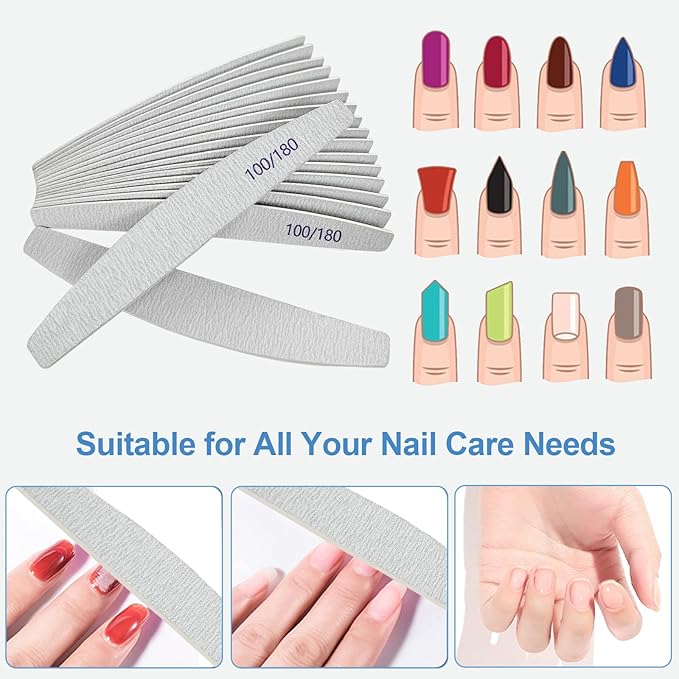Nail Files (12 Pack), 100/180 Grit Wooden Emery Board Nail File Double Sided Wood Emory Fingernail Files for Natural Nails Professional Reusable Manicure Pedicure Curved