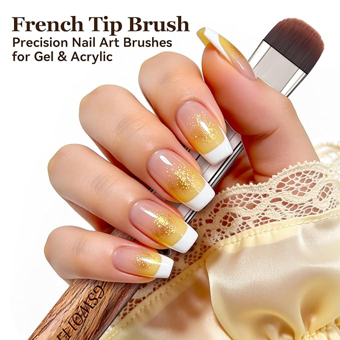 Nail Brush for French Tips and Clean Up | Gel Polish Brush with Wooden Handle & Storage Pouch (French Tip Brush（F18）)