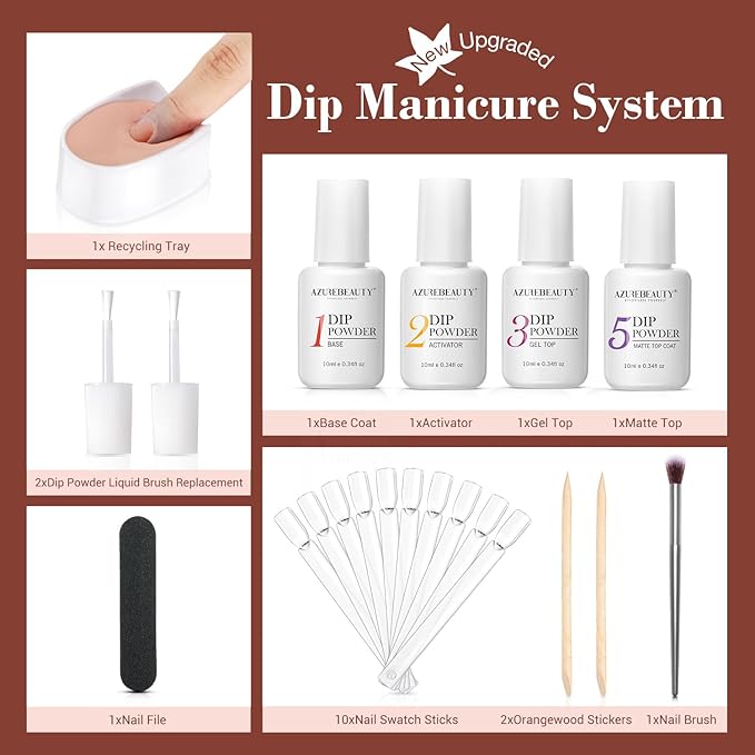 AZUREBEAUTY 30Pcs Dip Powder Nail Kit Starter with Nail Sticks, 8 Colors Fall Winter Nude Brown Glitter, Dipping Powder Liquid Set with Matte/Base/Top Coat Activator for French Manicure Salon