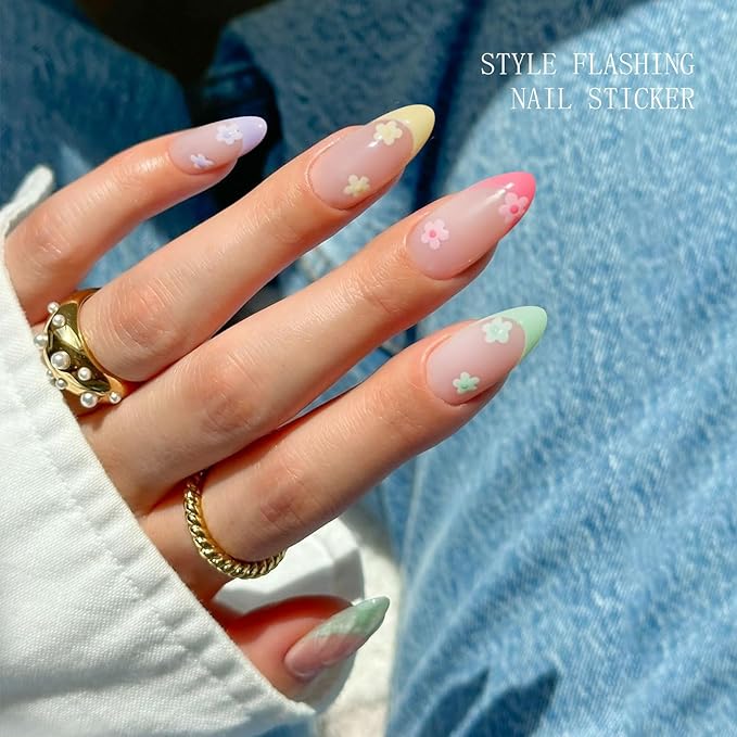 JMEOWIO Gel Nail Stickers Colorful Flower French Tip Semi Cured Gel Nail Strips Wraps UV/LED Nails Art Design Decoration Accessories