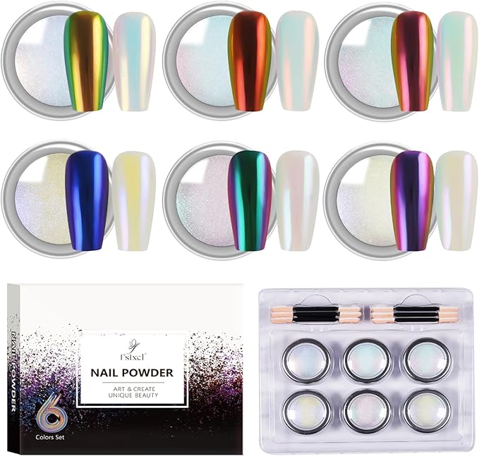 6 Colors Set 0.5g/Jar Chrome Nail Powder Mirror Effect Mermaid Aurora Pearl White Glitter Iridescent Pigment Color Shift Dust Nail Art Decoration