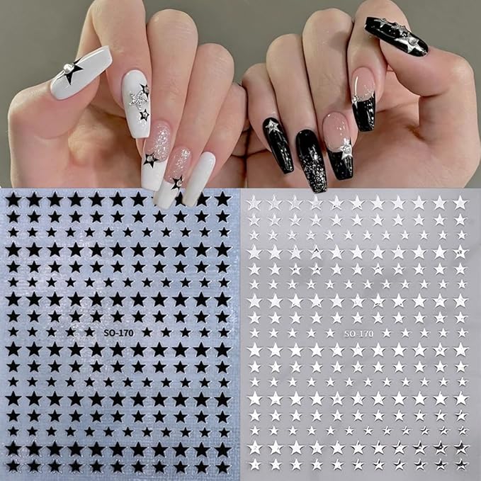 Star Nail Stickers 6Sheets Glitter Shiny Star Nail Art Supplies Black White Rose Gold Silver Nail Design Stickers Colorful Self-Adhesive Stars Nail Decals for Women Girl DIY French Manicure Decor Tips