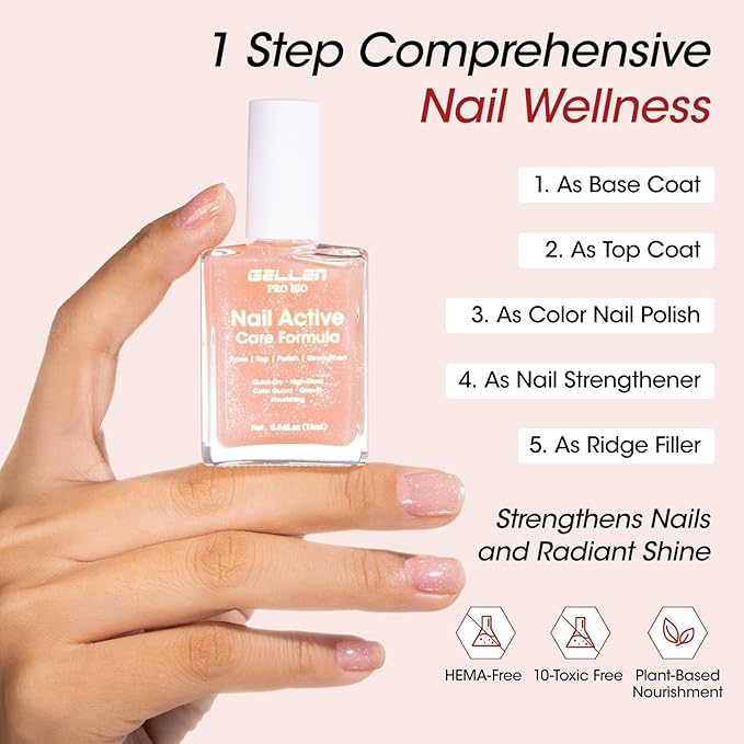 Gellen Active Glow Nail Polish, Nail Concealer Strengthener One-Step Plant Based Care for Nourished Healthier Nails, Strength-Boost Complex Hexanal Pro-Vit B5 Calcium, Ultra-Glowy Milky Shine Finish