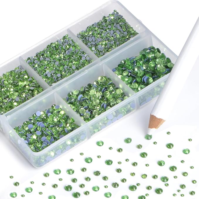 NCB Hotfix Iron on 8000pcs Crystal Rhinestones Round Gem for Crafts Decoration DIY Jewelry Making with a Picking Pen (Peridot, 6Sizes SS3-SS12)