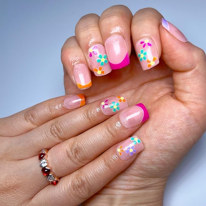 French Press on Nails Short Square Nude Glossy False Nails with Designs Flower Full Cover Acrylic Glue on Nails Reusable Artificial Nail Art Tip for Women Gel Stick on Nails Art 24 PCS