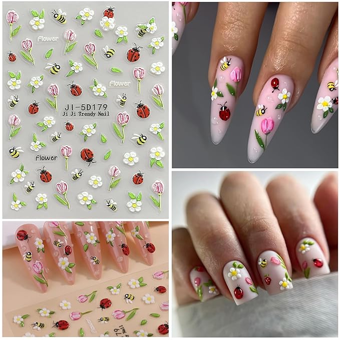 Flower Nail Art Stickers 5D Embossed Tulip Nail Decals Spring Summer Colorful Flower Nails Design Self-Adhesive 3D Accessories for Women Nails DIY Decoration(5 Sheets)