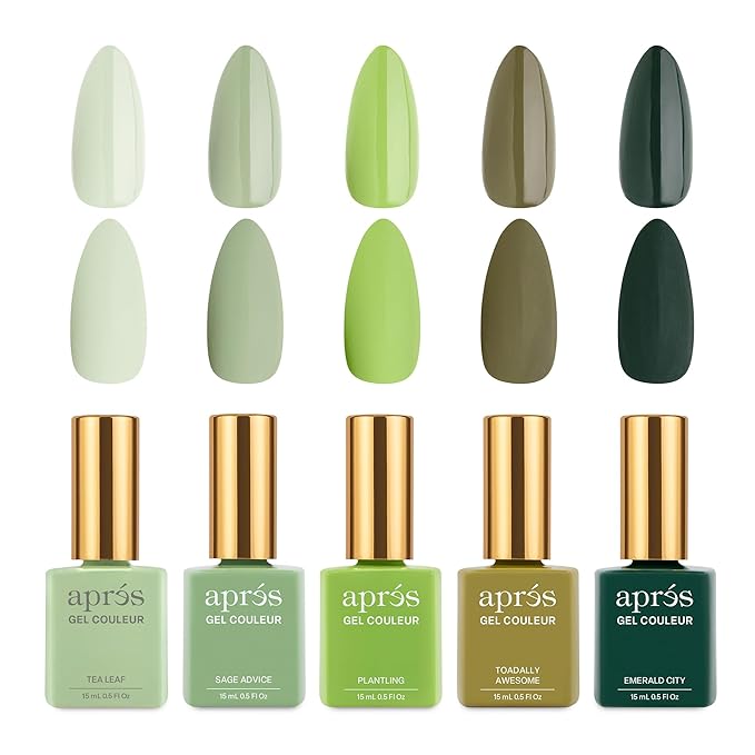 APRÉS Gel Couleur Combo Set, 5 Color Gel Nail Polish, HEMA-Free & TPO-Free, Bright Nude Pastel Colors with Brush-X Nail Art Brush (Matcha Moment)
