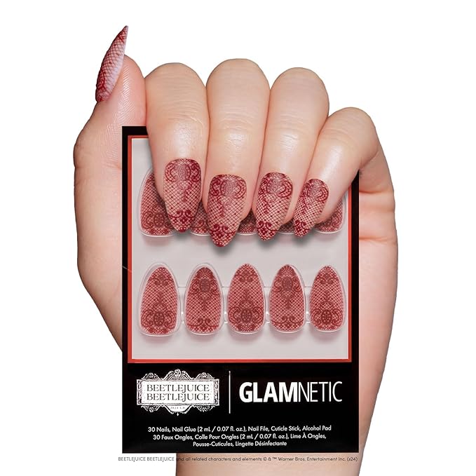 Beetlejuice Beetlejuice™ x Glamnetic Press On Nails - Lydia™ | Short Almond Red Lace 3D Nails in a Matte Finish | 15 Sizes - 30 Nail Kit with Glue