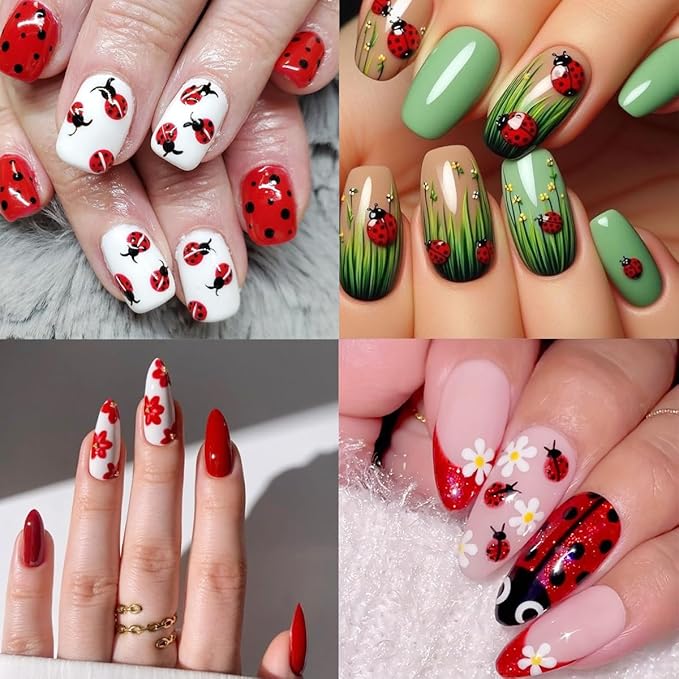 6Sheets Spring Nail Art Stickers Decals 3D Self Adhesive Ladybug Nails Decals Red Flower Nail Stickers Summer Insect Animal Floral Nails Design Sticker Cute Manicure Supplies for Women Girl DIY Charms