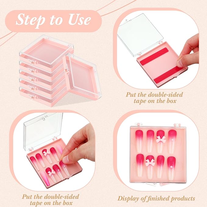 Landhoow 15 Pcs Press On Nail Boxes Nail Display Case with 30 Adhesive Tape, Artificial Press On Nail Container, Acrylic Storage Organizer(Clear, Black, Pink)