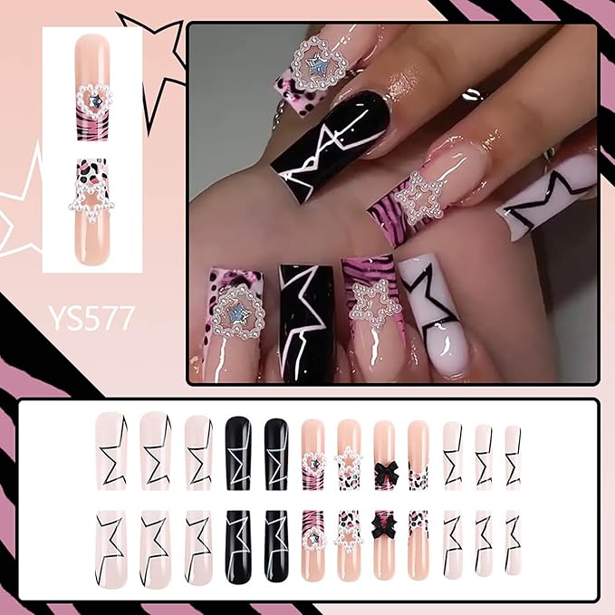 Long Press on Nails Square Pink French Tips Fake Nails with Star Charms Designs False Nails Press ons Glossy Glue on Acrylic Nails Black Full Cover Y2K Stick on Nail for Women Girls 24Pcs