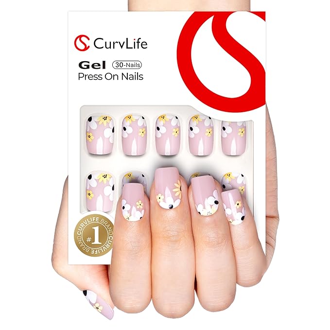 Curvlife Soft Gel Press On Nails Kit - 30pcs Full Cover False Little daisy Nail Tips Designs, Fake Nail with Nail Glue - Easy Application Nail Accessories for Women