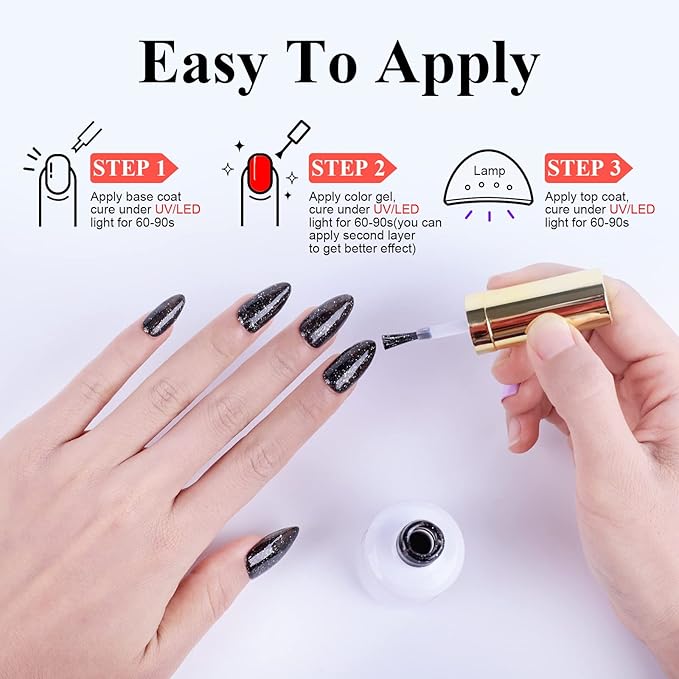 Imtiti 1 Pcs 0.5 Fl Oz Black Glitter Gel Polish Soak Off LED U V Nail Gel Polish DIY Nail Art Starter Manicure Salon Gel Nail Polish Kit for Women Girls