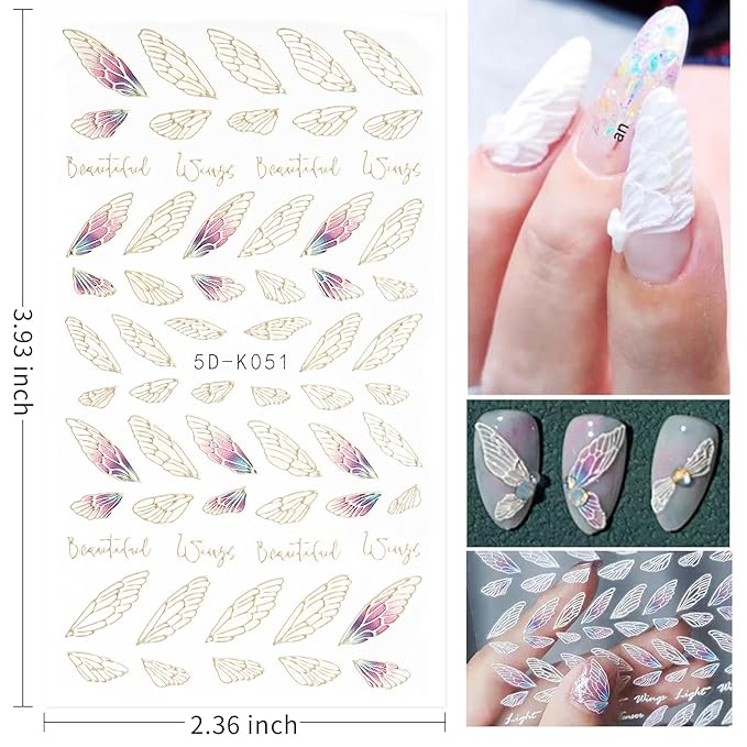 Nail Stickers, 4 Sheets 5D Angel Wing Embossed Feather Designs for Manicure