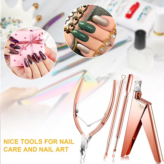 Mudder Acrylic Nail Clippers Kit False Nails Tips Cutter Professional Cuticle Trimmer Nipper Cutter Pusher Remover Stainless Steel Manicure Pedicure Art Tools Set Salon Home(Rose Gold)