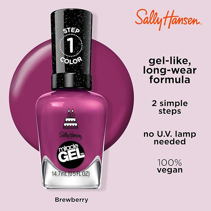 Sally Hansen Miracle Gel Salon Quality Nail Polish | Gel-Like Formula, Two-Step System, No UV Light Needed, Long Lasting | Opaque, Glossy | 533 Brewberry | Plum Purple Nail Color