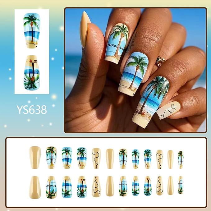 Medium Press on Nails Coffin Fake Nails with Designs Coconut Tree Glue on Nails Blue Seaside Acrylic Nails Summer Beach Artificial Nails Glossy Full Cover Stick on Nails for Women Girls