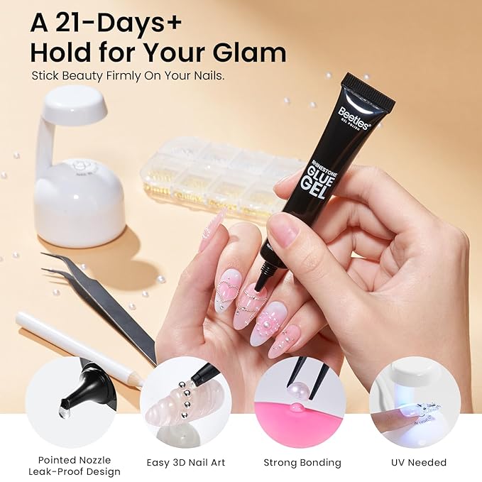 Beetles 3D Nail Charms Gold Silver Nail Beads and White Pearl with 15g Rhinestone Glue Tweezers Pick-up Pencil for Nails Art Metallic Round Caviar Beads White Flatback Pearls Manicure Accessories