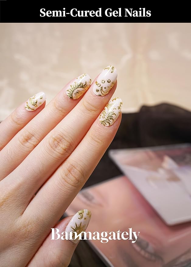 Semi Cured Gel Nail Strips, 20Pcs Long Lasting Salon Quality Wraps, Easy Apply & Remove Gel Nail Stickers with UV Light (Gilded Nude Cosmos)