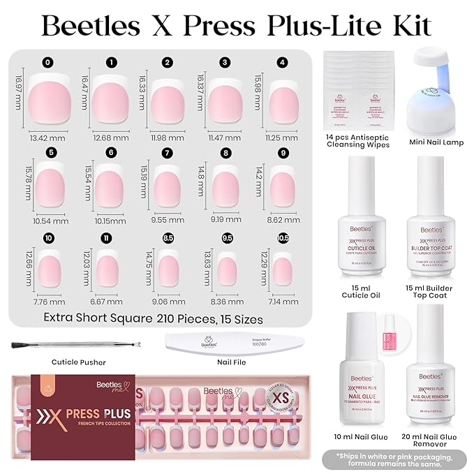 Beetles X Press Plus Gel Nails Kit - Peach French | Pink Extra Short Square French Tip Press On Nails | 210Pcs 15 Sizes All-in-One Kit With Nail Glue,Remover,Builder Top Coat,Nail Lamp Gift For Women