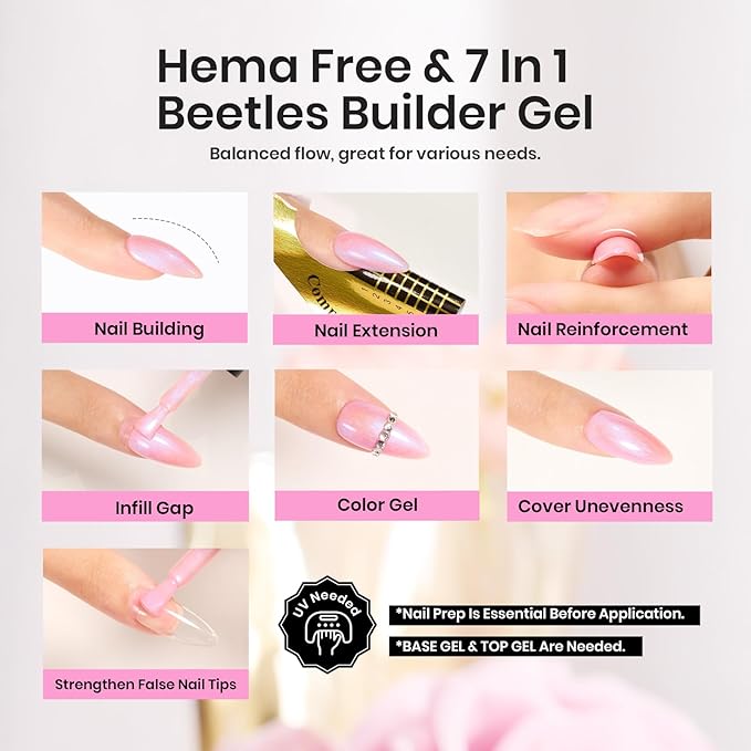 Beetles Builder Gel for Nails,Pearl Shimmer 6 Colors Builder Gel Set for Building Apex & Nail Extension Uv Led White Pink Purple Mermaid Drawing Strengthener for Thin Nails Beauty Gift Sets for Women