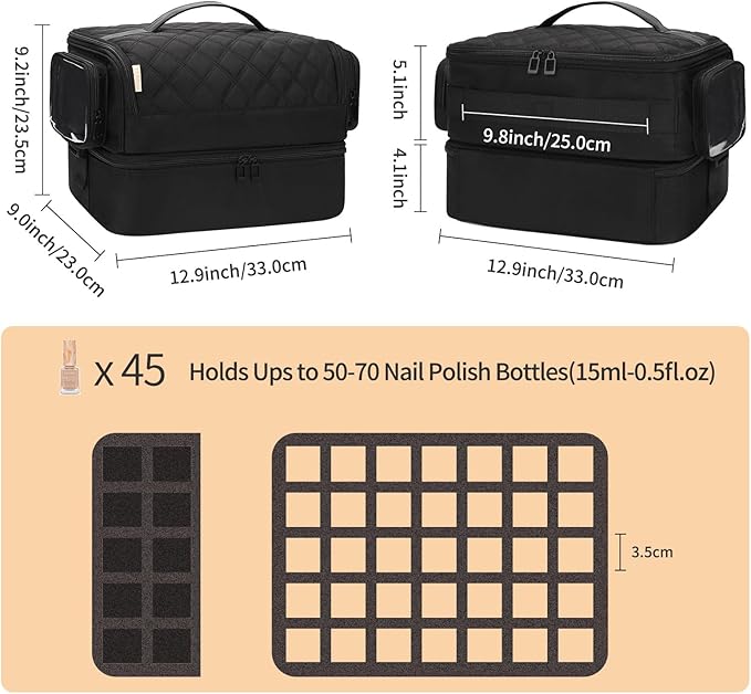 OCHEAL Nail Polish Organizer, Holds Nail Lamp and 45+ Bottles 2-in-1 Nail Polish Storage Case,Detachable Nail Techs Gel Kit Supplies Carring Bag for Manicurist Tools 45-Slot Nail Holder-Black