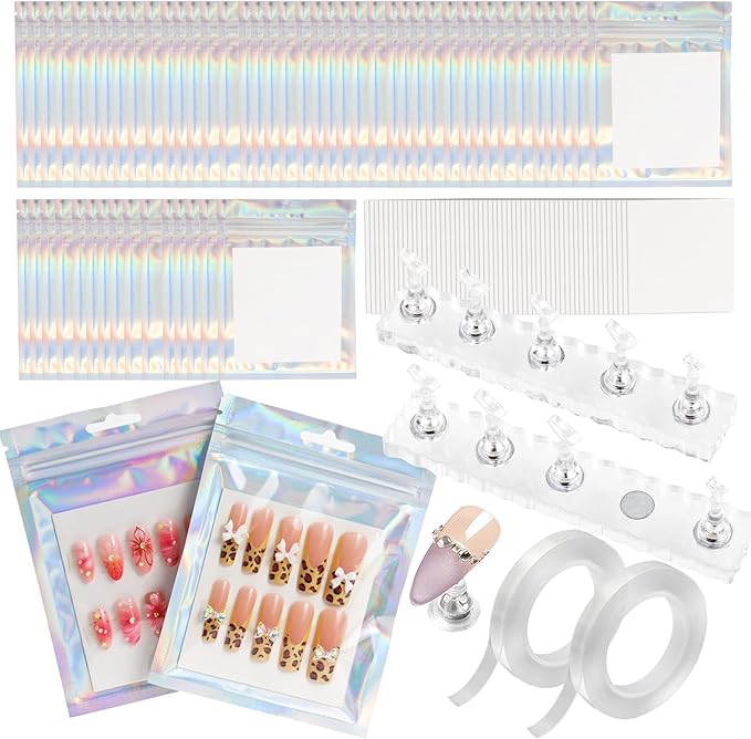 50 PCS Nails Packaging Bags with Nail Stand for Fake Nail, Holographic Press On Nail Storage Container Nail Art Kit for Diy Design,Nail Cardboards with 2 Double-sided Adhesive Tape Salon Home