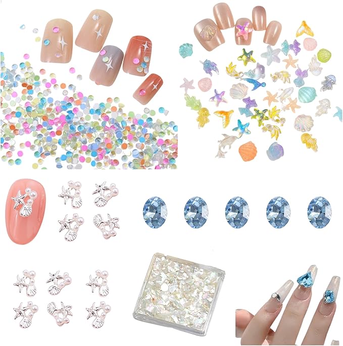 Ocean Nail Charms Gem Kit for Nail Techs – Mermaid Style 3D Nail Art Decorations with Starfish, Shells, Pearls – Professional Nail Supplies for Acrylic & Gel Designs
