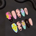 Handmade Press On Nails Medium Almond Fake Nails French Tip False Nails With 3D Flower Design Full Cover Acrylic Nail Glossy Floral Stick On Nail For Women DIY Manicure 10Pcs(SIZE:S)