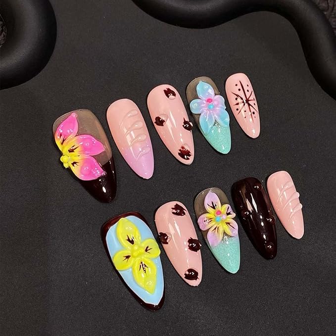 Handmade Press On Nails Medium Almond Fake Nails French Tip False Nails With 3D Flower Design Full Cover Acrylic Nail Glossy Floral Stick On Nail For Women DIY Manicure 10Pcs(SIZE:Large)