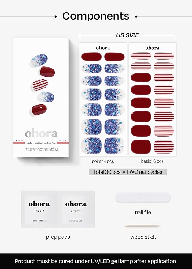 ohora Semi Cured Gel Nail Strips (N Spangled Burst) - Salon-Quality, Long Lasting, Easy to Apply & Remove - Includes 2 Prep Pads, Nail File & Wooden Stick