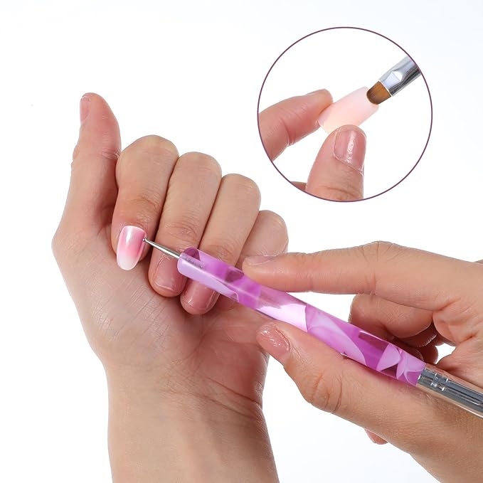 4 Pcs Nail Clean Up Brush French Gel Acrylic Nail Art Brushes Two Way French Tip Brush with Dotting Professional Manicure Tool for Cuticle Clean up Detailed Designs Dotting Pen (10#, 12#, 14#, 16#)