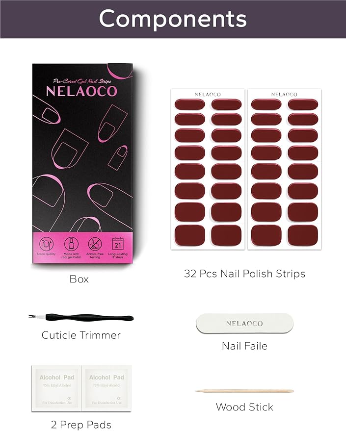 Nail Polish Strips – 32PCS UV Free Salon Quality Wraps, Long Lasting Gel Nail Stickers for Women (True Crimson Red)