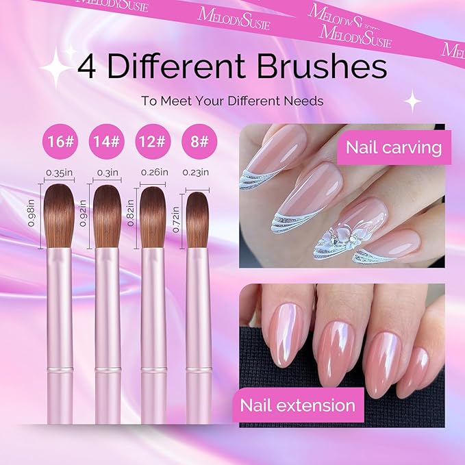 MelodySusie 4Pcs Acrylic Nail Brush Set, Size 8/12/14/16 Professional Nail Brushes for Acrylic Powder Nail Extension and 3D Nail Carving for DIY Home Salon