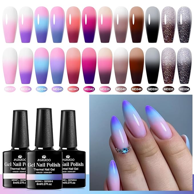 12Pcs Color Changing Gel Nail Polish Set Pink Purple Glitter Brown Mood Temperature Change Nail Polish Gel Set Soak Off Nail Art Gel DIY Salon Manicure Gift