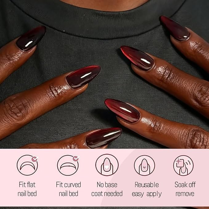 Cat Eye Press on Nails Pack Medium Almond Nails Press ons in 5 Colors(Red,Green,Blue,Purple & Nude),Reusable Artificial Fake Nails with Design Full Cover Stick on Nails for Women Manicure 150Pcs