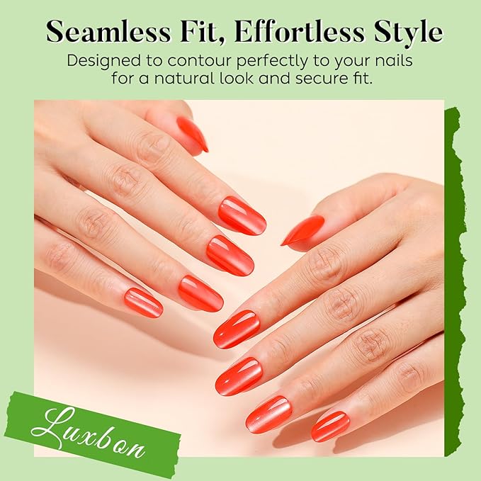Luxbon Press On Nails Acrylic Short Rounded with No-Cure Nail Glue and Tool Kit – Stick On Nails Cat Eye Soft Gel Tips 25-30pcs Full Size Set, Reusable Fake Nails for Women, Fit Perfectly, Red