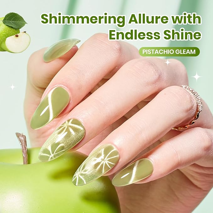 Beetles Taste of Spring Green Cat Eye Gel Nail Polish - 15ML Spring Gel Polish Sage Green Cat Eye Glitter Magnetic Translucent Glassy Effect Pistachio Gleam Soak Off UV DIY Stpatrick Gift for Women