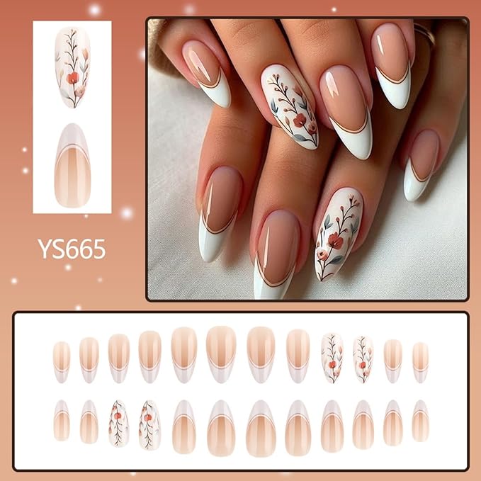 Medium Press on Nails Almond Fake Nails French False Nails White Artificial Nails with Floral Designs Acrylic Nail Press ons Cute Stick on Nails for Women 24pcs