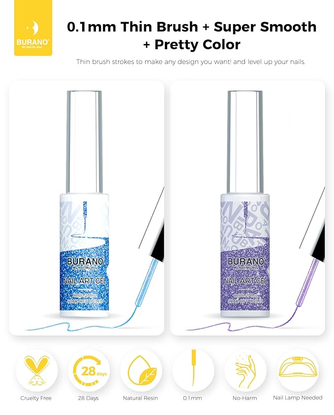 BURANO Gel Nail Polish Liner Nail Art Polish, Silver Gold Painted Gel Nail Design Polish 2 Bottle 8ml, Build in Thin Nail Brush Curing Required LX14 LX16