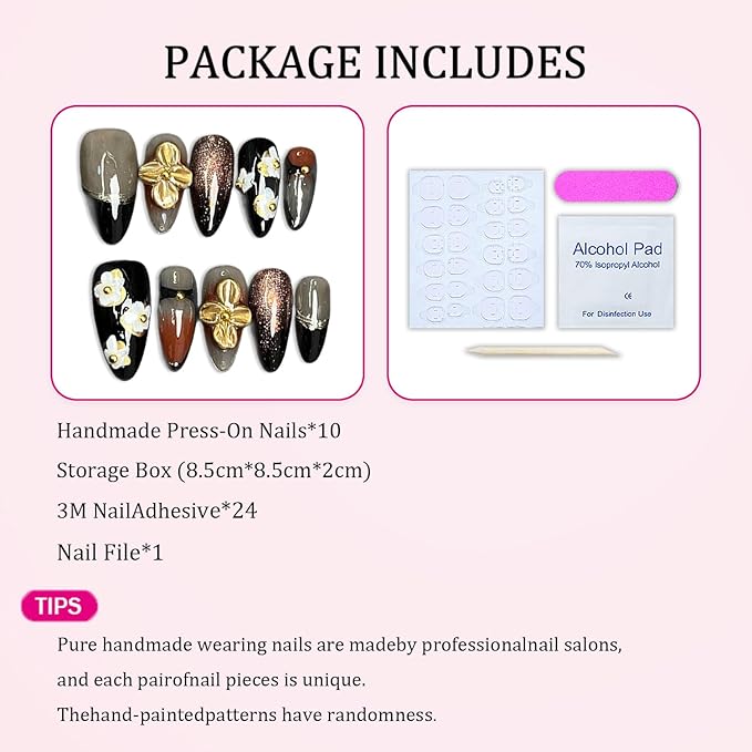 Handmade Press on Nails Medium Almond False Nails Black French Tip Stick on Nail 3D Fall Golden Flower Designs DIY Glitter Nail Art Reusable Multi-Layer Gel & Thick Acrylic Fake Nails for Women (S)