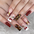 French Tip Press on Nails Medium Square MABKJLF Fake Nails Fall False Nails with Tortie Cherry Leopard Print Designs Glossy Glue on Nail Autumn Acrylic Nails for Women Girls 24Pcs