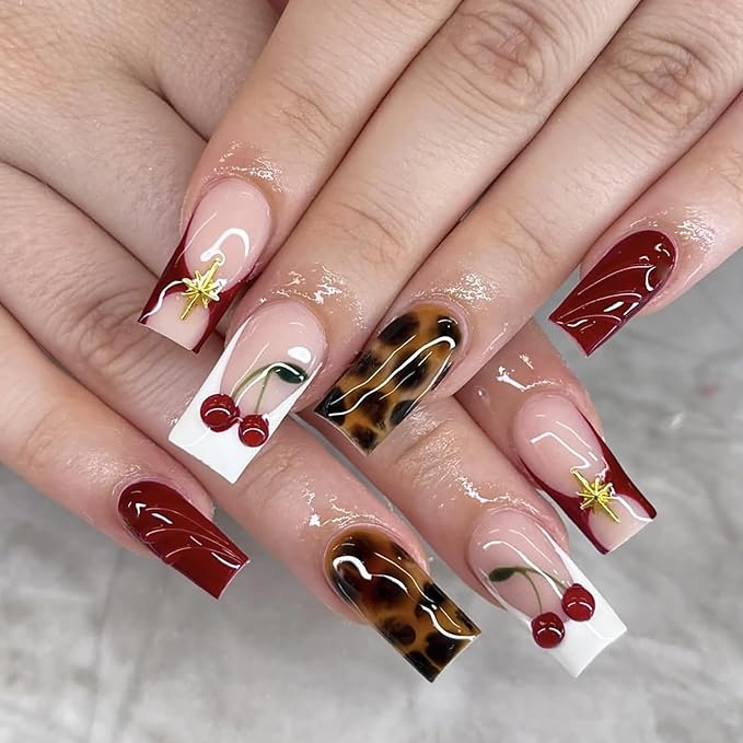 French Tip Press on Nails Medium Square MABKJLF Fake Nails Fall False Nails with Tortie Cherry Leopard Print Designs Glossy Glue on Nail Autumn Acrylic Nails for Women Girls 24Pcs
