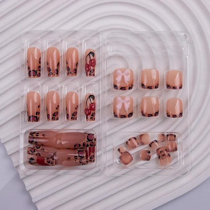 48Pcs Square Press on Nails Medium & Press on Toenails Set, Leopard Print French Tip Press on Nails Pink Fake Nails 3D Bow Press on Toe Nails for Women Manicure Kit