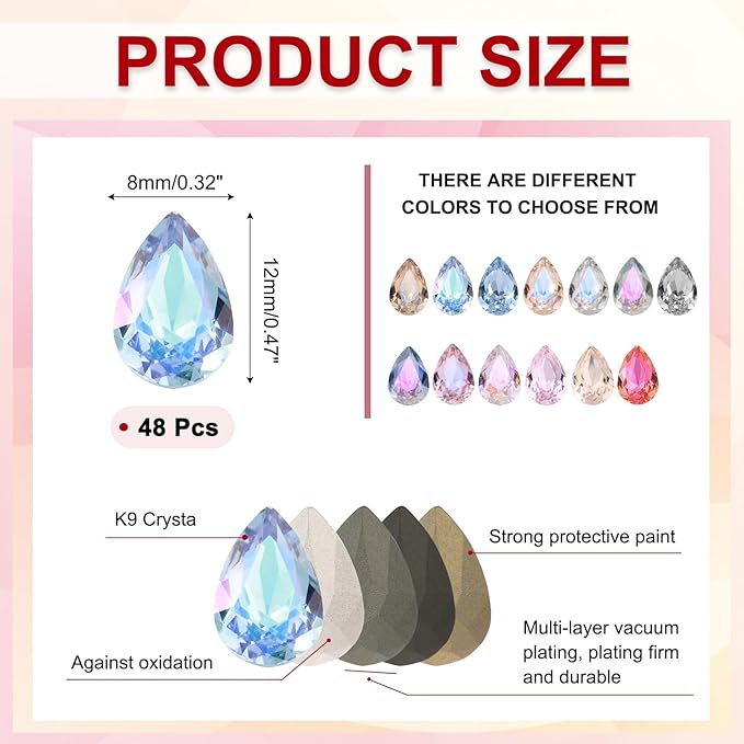 MECCANIXITY 48 Pcs 3D Teardrop Rhinestones Diamond Nail Charm Crystal Pointback K9 Glass Rhinestones Crystal Gems for Jewelry Making, Craft, 8x12mm, AB Blue