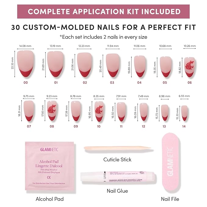 Glamnetic x Fanatics Press On Nails - Washington State Cougars | Short Almond Fake Nails, Collegiate Cougars Crimson French Tips, College Nails, Salon-Quality | 15 Sizes - 30 Nail Kit with Glue