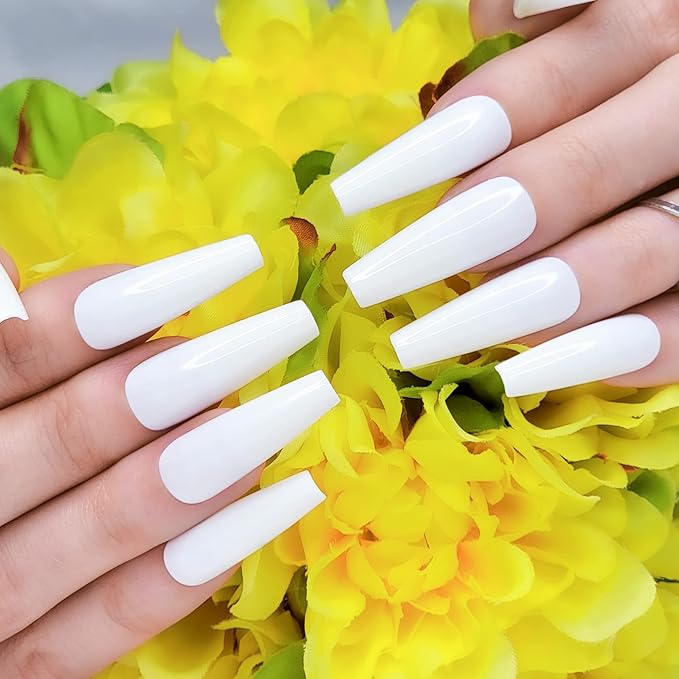 Hypnaughty 24 Pcs Classic White Glossy Extra Long Coffin Press On Nails and Glue XL Reusable Solid Color Luxury False Nails (Classic White)